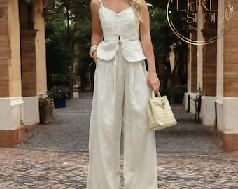 Niiyyjj] 女性のネクタイ色素プリント2ピースセットVネックノースリーブクロップトップハイウエスト [Niiyyjj] 女性用レースアップズボンスーツ2ピースセットカジュアルVネックルーズシャツジップワイドレッグパンツの衣装