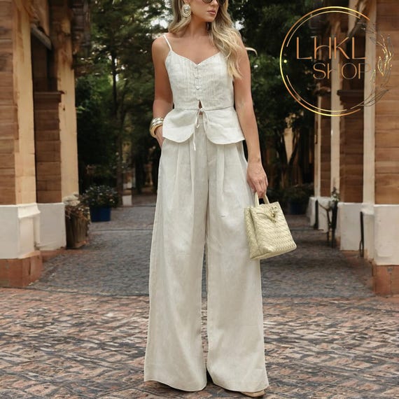 Women Linen Summer Set, Sleeveless Top And Wide Leg Pants, V Neck