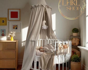 Baldacchino per culla con volant, Baldacchino in lino, Baldacchino per bambini, Baldacchino per neonati, Letto Montessori, Tenda per cameretta, Baldacchino per angolo, Zanzariera per cameretta