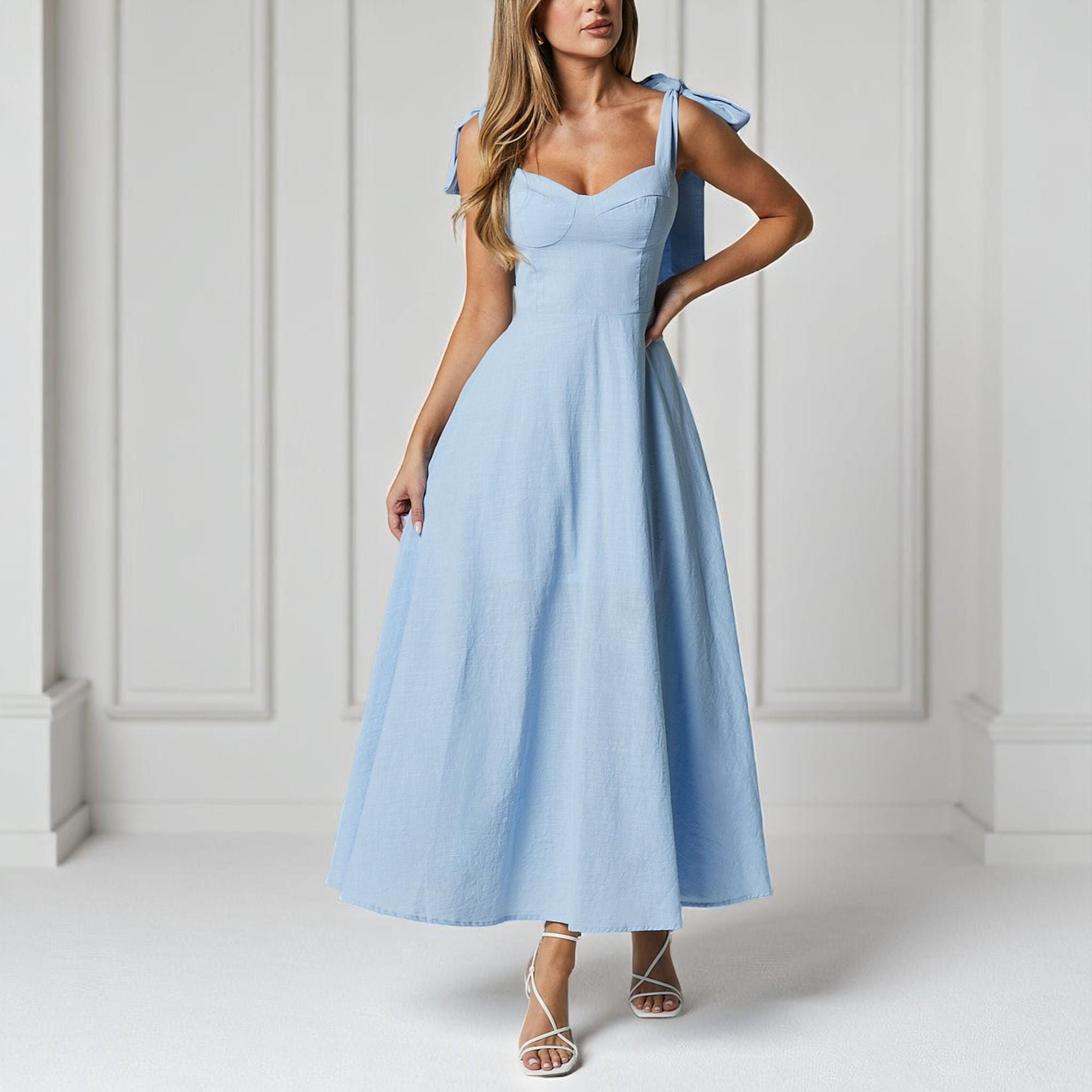 mid length beach dresses Tie Shoulder Linen Midi Dress, Summer Dress, Sleeveless Dress, Fit And Flare Dress, Minimalist Dress, Women Dresses, Party Prom Dress Height:5'5