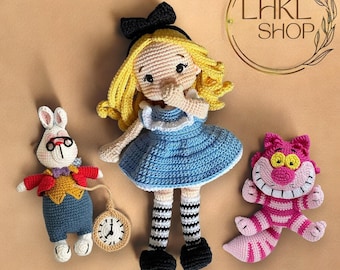 Alice In Wonderland Crochet Doll Set, Cheshire Cat Amigurumi Doll, White Rabbit Crochet, Alice Amigurumi Doll, Gift For Kids, Cartoon Doll