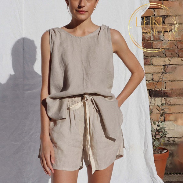 Summer Linen Top, Sleeveless Top, Deep Back Top, Linen Two Piece Set, Linen Loungewear, Top And Shorts, Loose Linen Top, High Waisted Shorts