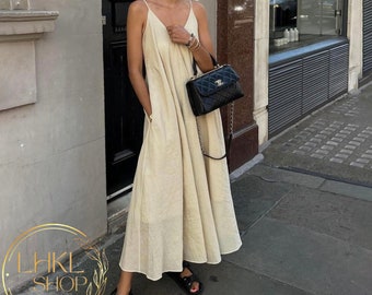 Zomer linnen maxi-jurk, mouwloze jurk, jurk met V-hals, lange linnen jurk, losse maxi-jurk, jurk zonder rug, jurk met wijde rok, strandjurk