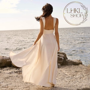 Linen Maxi Dress, Split Dress, Square Neck Dress, Open Back