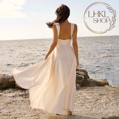 Linen Maxi Dress, Split Dress, Square Neck Dress, Open Back Dress, Sleeveless Dress, Summer Long Dress, Wedding Guest Dress, Evening Dress