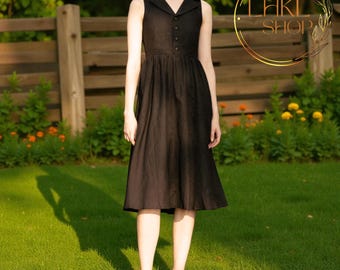 Sleeveless Shirt Neck Linen Dress, Midi Vintage Dress, Under Knee Dress, Button Up Dress, Summer Dress, V Neck Dress,Minimalist Casual Dress