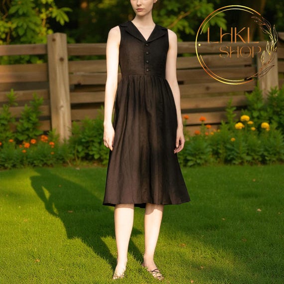 Sleeveless Shirt Neck Linen Dress, Midi Vintage Dress, Under Knee Dress, Button Up Dress, Summer Dress, V Neck Dress,Minimalist Casual Dress