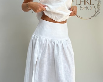 Maxi Linen Skirt, Beach Skirt, Ruffled Skirt, High Waisted Skirt, Mid-calf Skirt, Circle Skirt, Side Split Skirt, Loose Skirt,Pleated Skirt