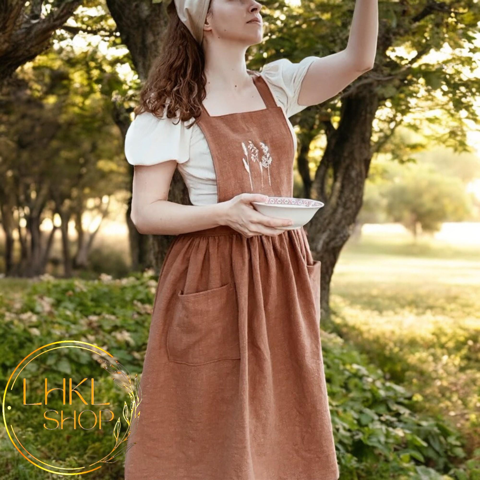 エプロン・三角巾 1940s Flower Decorative Linen Apron Floral Pure Linen Apron, Personalized Kitchen Apron, Embroidered