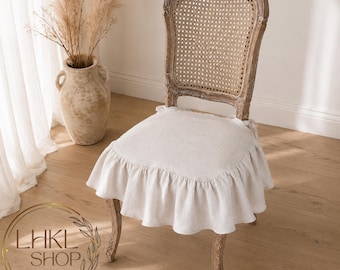 Funda de lino con volantes para silla, funda de asiento, protección para silla, funda deslizante para silla, fundas para sillas de comedor, decoración de estilo rústico, decoración del hogar, decoración campestre