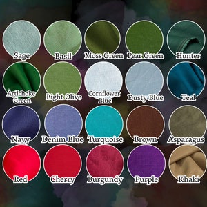 K&ouml;nnte beinhalten: Eine Farbkarte mit Stoffmustern und Namen f&uuml;r jede Farbe, darunter Salbei, Basilikum, Moosgr&uuml;n, Birnen gr&uuml;n, J&auml;ger, Artischocken gr&uuml;n, Hell oliv, Kornblumenblau, Stahliges Blau, Teal, Marine, Jeansblau, T&uuml;rkis, Braun, Spargel, Rot, Kirsche, Burgunder, Lila und Khaki.