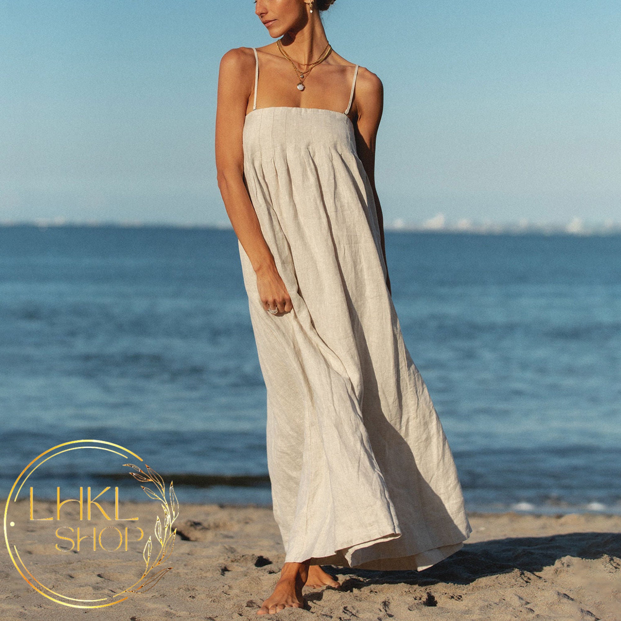 white christmas dresses 100% Linen V-neck Bell Pocket Midi Dress EVELINA – LINTICO main image 1