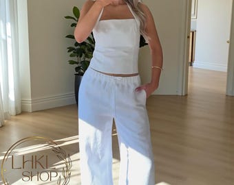 Komplet z topem i spodniami typu halter, bezrękawnik, spodnie z elastyczną talią, spodnie damskie, komplet 2-częściowy, koszule damskie, luźne spodnie z szerokimi nogawkami