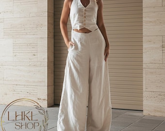 Halter Neck Top And Pants, Wide Leg Trousers Women, Summer Matching Set, 2 Piece Set, Sleeveless Linen Vest Top, Women Waistcoat, Casual Set
