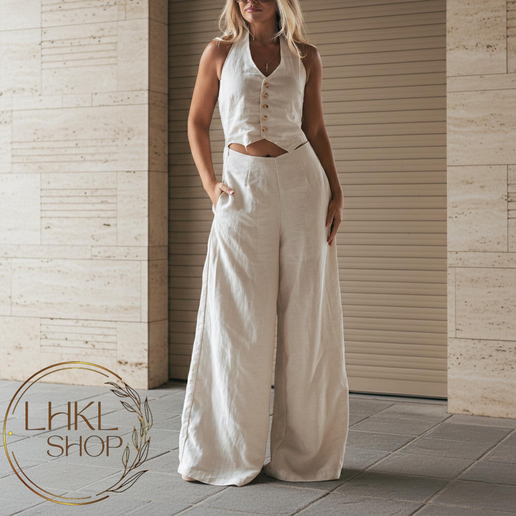 Halter Neck Top and Pants, Wide Leg Trousers Women, Summer 