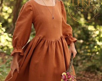 Boat Neck Maxi Dress, Long Sleeve Linen Dress, Puffy Sleeve Dress, Corset Dress, Adjustable Dress, Vintage Retro Dress, Renaissance Dress