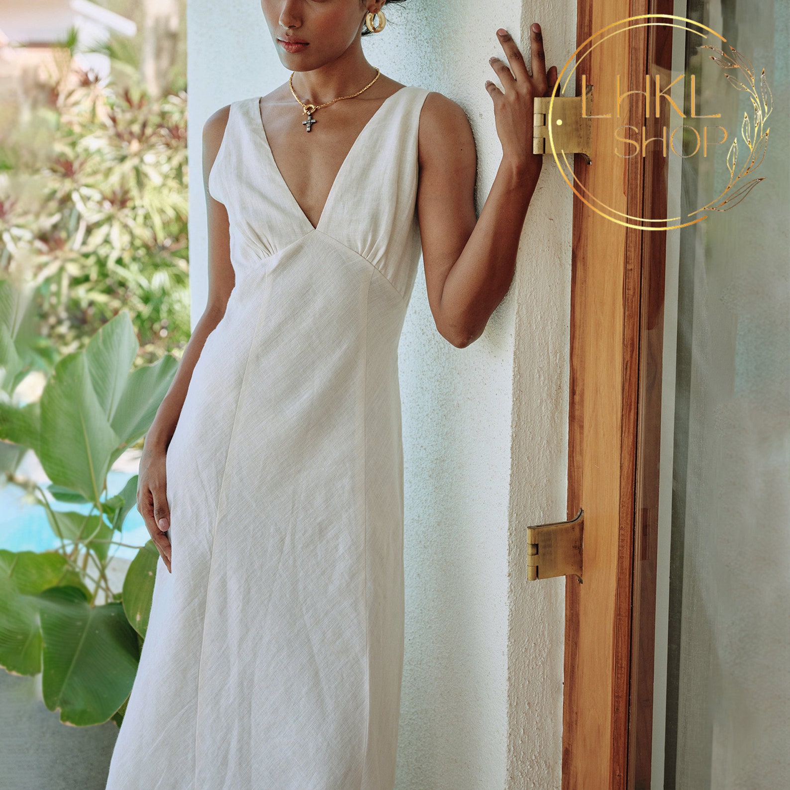 Linen Dress Long Sleeve Crew Neck Elastic Waist A-Line Dress