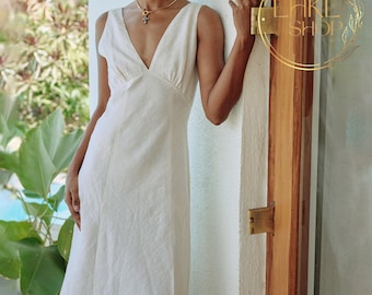 Buy Linen Loose Fit Dress, V Neck Dress, Linen Maxi Dress, Elegant