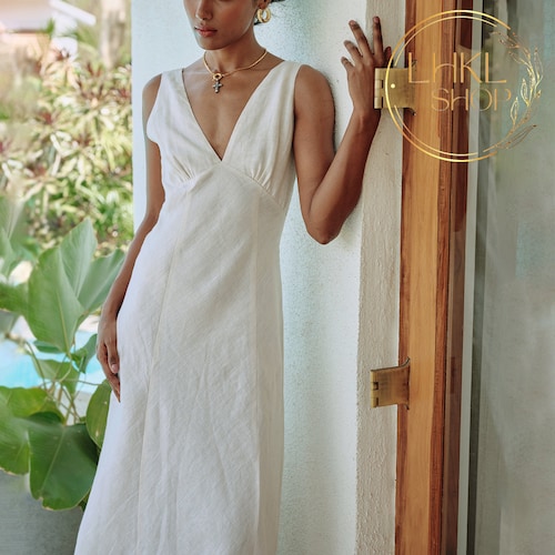 Linen Loose Fit Dress, V Neck Dress, Linen Maxi Dress, Elegant Dress, Summer Linen Dress, Long Dress, A Line Dress For Women,Deep Back Dress