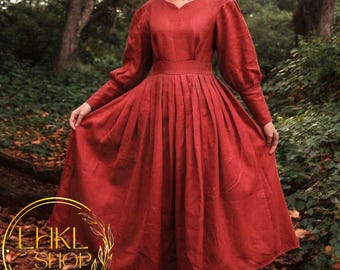 Winter Linen Dress, Long Sleeved Dress, Midi Dress, Casual Dress, Puffy Sleeve, Ruffled Dress, A-line Dress, Boho Vintage Cottagecore Dress