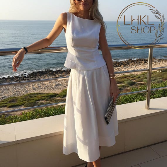 Summer Boat Neck Tank Top and Skirt, Women Sleeveless Shirt, High Waist  Loose Skirt, Midi Flare Skirt, A-line Skirt, Matching Two Piece Set - Etsy