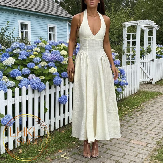 Halter Neck Women Dress, Linen Dress, Women V Neck Dress, Long Maxi Dress, Backless Dress, Evening Event Dress, Summer Full Length Sundress