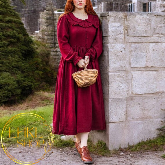 Linen Shirt Dress, Long Sleeve Dress, Victorian Dress, Button Front Dress, Retro Vintage Midi Dress, Long Dress, Rustic Dress,Romantic Dress