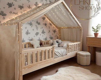 Linen House Bed Canopy For Boys, Montessori House Bed, House Bed Curtains, Canopy Bed Curtains, Playroom Decor, Nusery Decor, Canopy Tent