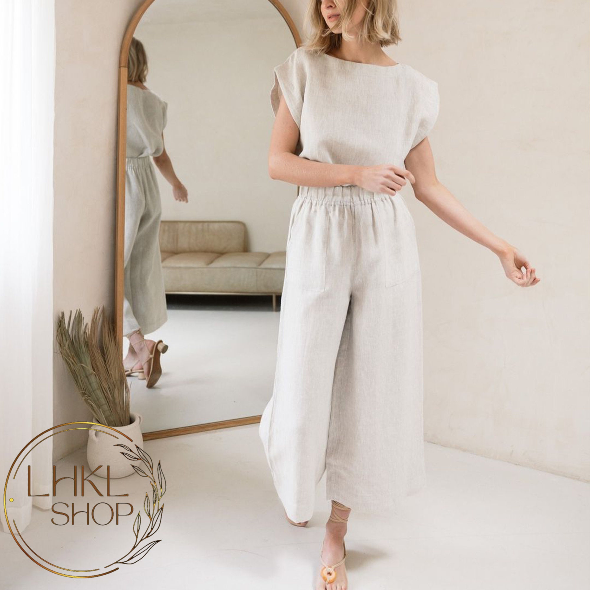 Linen Tank Top and Pants Set, Summer Linen Top, Sleeveless Top, Loose ...
