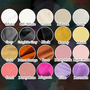 K&ouml;nnte beinhalten: Farbkarte mit 20 verschiedenen Stofffarben, darunter Wei&szlig;, Cremewei&szlig;, Creme, Natur, Elfenbein, Grau, Graphitgrau, Schwarz, Kanarienvogel, Mais, Gold, gebrannte Orange, Rost, Staubrosa, Hellrosa, Koralle, Staubrose, Magenta, Lila und Lavendel.