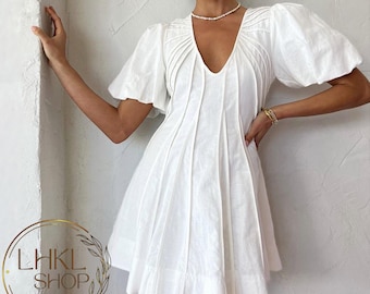 Linen Mini Dress, Short Sleeve Dress, Summer Short Dress, V Neck Dress, Loose Linen Dress, Party Dress, Wedding Guest Dress,Bridesmaid Dress