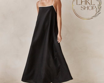 Vestido largo de lino, vestido de verano, vestido maxi de lino, vestido sin mangas, vestido holgado de lino, vestido sencillo de lino, vestido de tirantes finos, vestido de playa