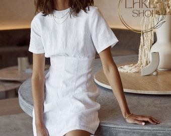White Linen Mini Dress, Round Neck Summer Tunic, Plus Size Linen Clothing for Women, Summer Linen Dress, Loose Linen Dress, Linen Mini Dress