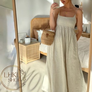 Vestido largo de lino para verano, vestido holgado de lino, vestido sin mangas, vestido con bolsillos, vestido largo de lino, vestido de tirantes finos, vestido playero.