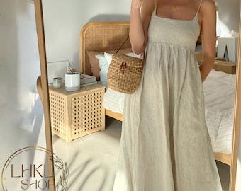 Summer Linen Maxi Dress, Loose Linen Dress, Sleeveless Dress, Dress With Pockets, Long Linen Dress, Spaghetti Strap Dress, Beach Sun Dress