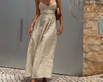 Linen Spaghetti Strap Dress, Maxi Dress, Long Dress Women, Wedding Dress, Romantic Dress, Summer Beach Dress, Prom Dress, Custom Size Dress