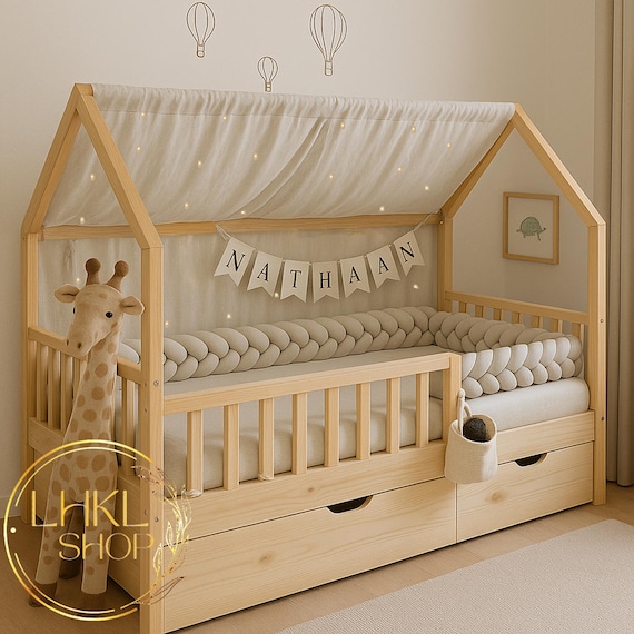 Linen Canopy For House Bed, Kid Room Decor, Toddler Bed Canopy, Kids Bed Canopy, Bed Curtains, Nursery Bed Decor, Play Tent, Montessori Bed