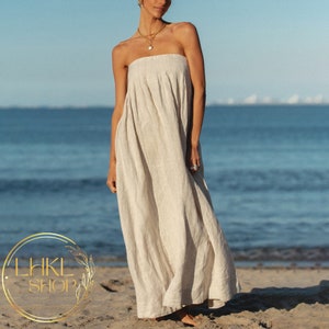 Corfu Natural Linen Strapless Maxi Dress