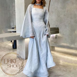 Linen Kaftan Dress, Loose Flax Dress, Maxi Dress Women, Long Sleeve Dress, Square Neck Dress, Full Length Dress, Party Dress, Prom Dress