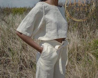 Women Linen Set, Linen Top And Pants, Loose Fit Linen Top, High Waisted Pants, Wide Leg Pants, Long Sleeves Top, Matching Set,Women Crop Top