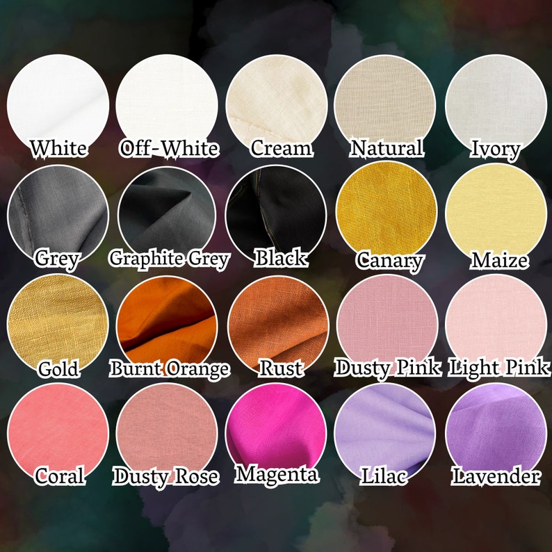 May include: Swatch card showing 20 different fabric colors, including white, off-white, cream, natural, ivory, grey, graphite grey, black, canary, maize, gold, burnt orange, rust, dusty pink, light pink, coral, dusty rose, magenta, lilac, and lavender.