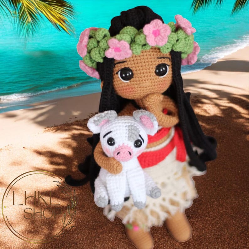 May include: A crocheted doll with brown skin and black hair wearing a flower crown and a red and brown dress. The doll is holding a white crocheted pig with gray spots.