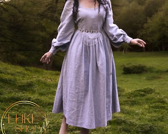 Long Sleeve Linen Dress, Cottagecore Dress, Midi Dress, Long Linen Dress, Vintage Retro Dress, Autumn Dress, Dress With Tie, A Line Dress