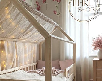 Lniany baldachim Montessori, baldachim do łóżka dziecięcego, zasłony Montessori do łóżka, wystrój pokoju dziecięcego, baldachim do łóżka w kształcie domku, stylowy pokój dziecięcy, namiot do zabawy