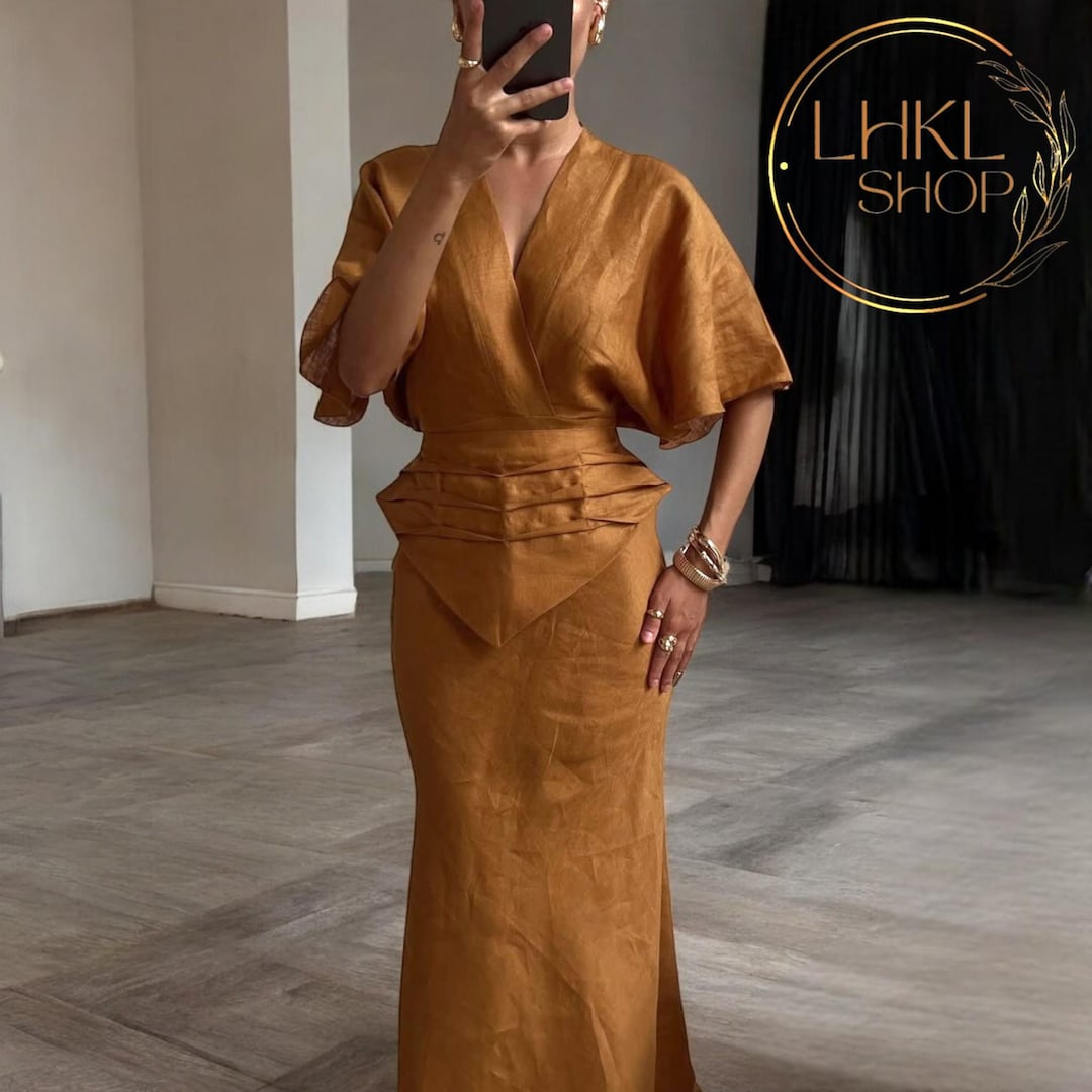 Short Sleeve V Neck Shirt and Skirt, Elegant Linen Set Women, Summer ...