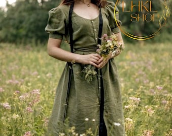 Vestido de lino con cuello redondo, vestido de manga corta, vestido midi largo, vestido de verano, vestido abotonado, vestido con cinturón, vestido vintage, vestido de verano retro.