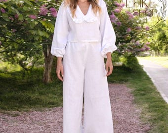 Women Autumn Linen Top And Pants, Long Sleeve Top, Wide Leg Pants, V Neck Blouses, Loose Set Women, Women Outfit, Casual Set Summer Trousers