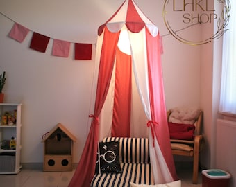 Red And White Kids Canopy, Linen Baldachin, Playroom Decor, Kids Bed Canopy, Bed Curtains, Play Tent, Baby Crib Canopy, Nursery Canopy Tent