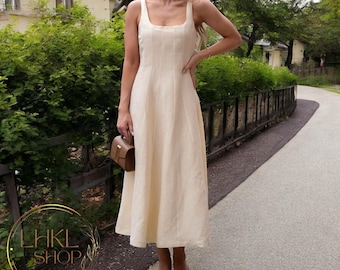 Square Neck Linen Dress, Linen Wedding Dress, Summer Sleeveless Dress, Midi Open Back Dress, Elegant Dress, Midi Circle Dress, Flared Dress