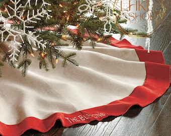 Gonna per albero di Natale ricamata in lino, gonna per albero di Natale personalizzata, decorazioni natalizie, gonna per albero riutilizzabile, gonna per albero personalizzata, decorazioni per la casa, decorazioni per le feste